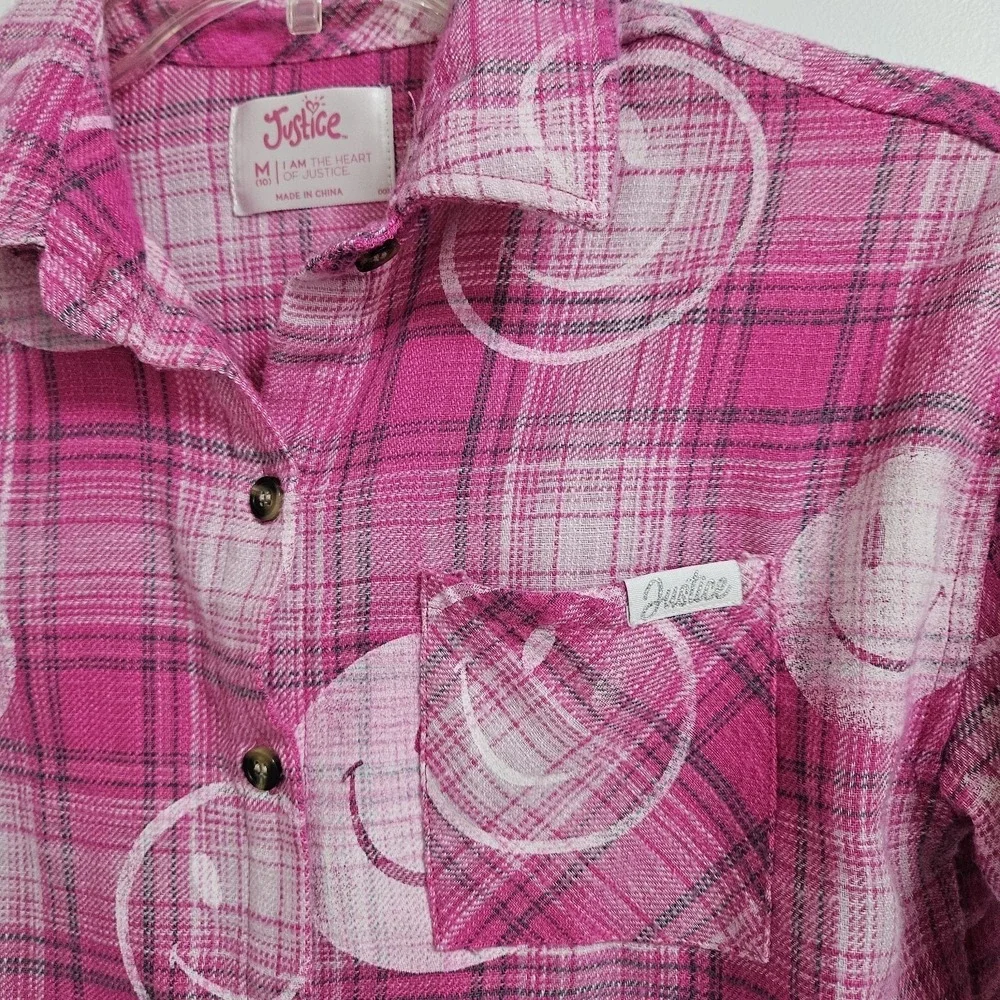 Y2K Justice Flannel Shirt Girls Size 10 Pink Plaid Smiley Face Button Down Retro